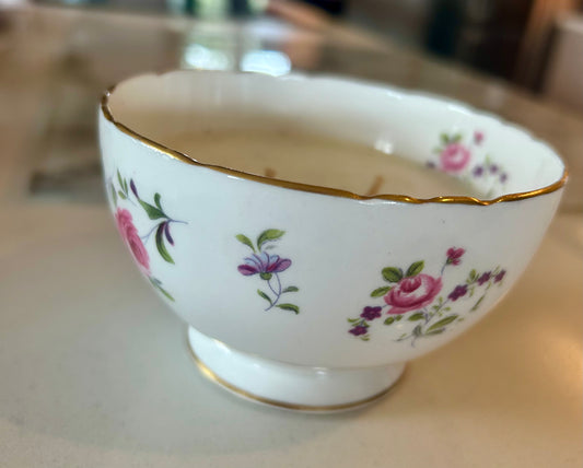 Ribbons and roses vintage china sugar bowl scented candle - 2 wick candle in Fig, Lime & Vetiver