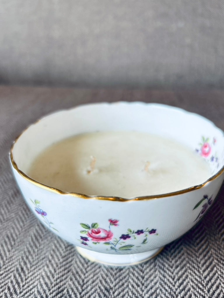 Ribbons & Roses gilded vintage fine bone china candle in Fig Lime & Vetiver