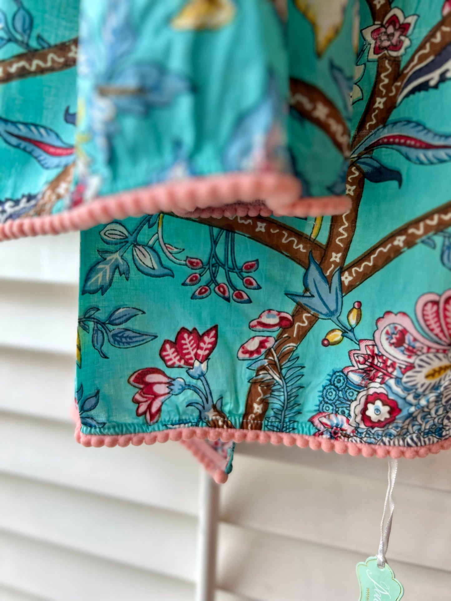 Blue 0rchid ladies pom-pom trimmed Indian printed cotton scarf 180x50cm