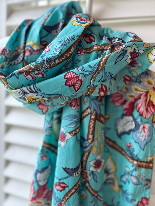 Blue 0rchid ladies pom-pom trimmed Indian printed cotton scarf 180x50cm