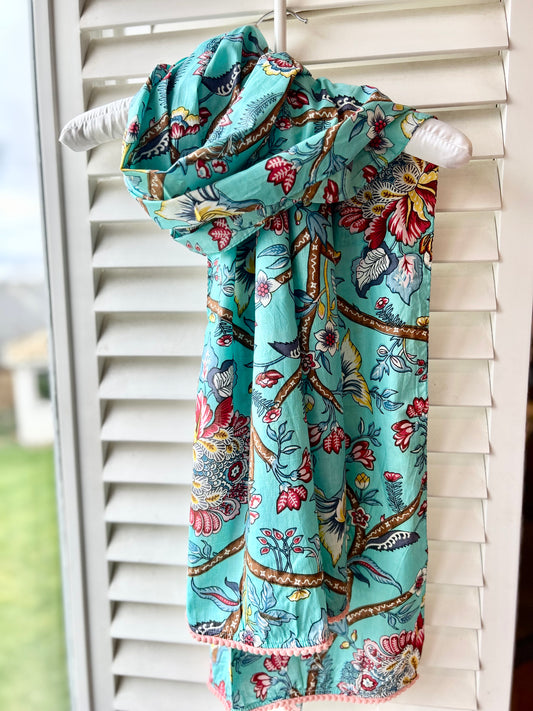 Blue 0rchid ladies pom-pom trimmed Indian printed cotton scarf 180x50cm