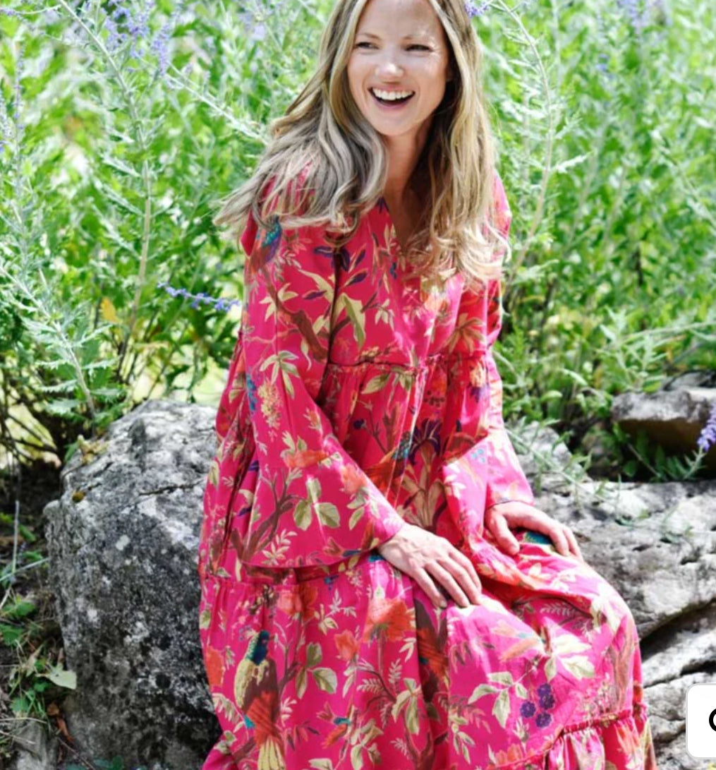 Hot Pink tiered long sleeve dress