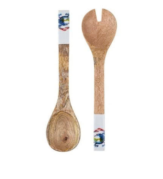 Blue crab design mango wood salad servers