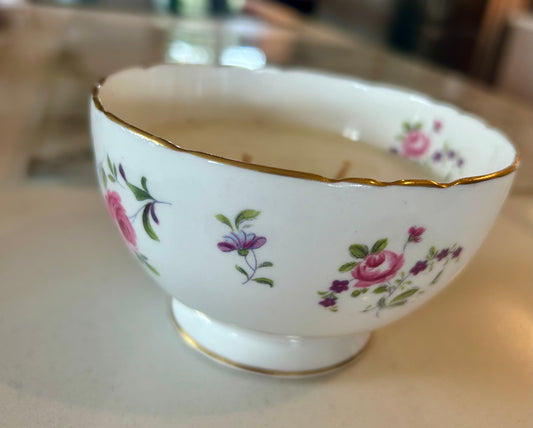 Ribbons & Roses gilded vintage fine bone china candle in Fig Lime & Vetiver