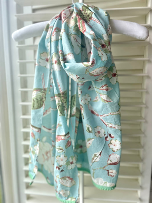 Blue floral birds ladies Indian printed cotton scarf 180x50cm