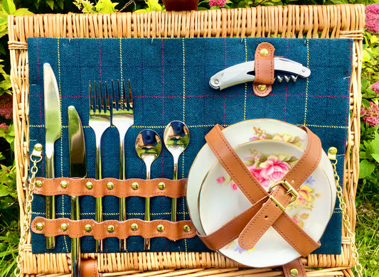 blue tweed picnic hamper