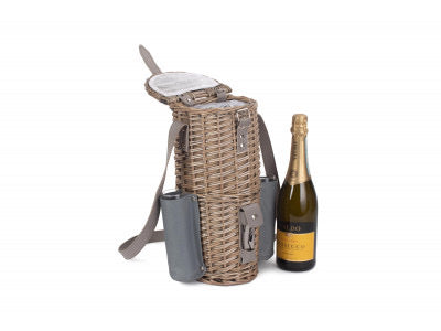 The Tetbury willow insulated bottle basket with 2 Champagne glasses