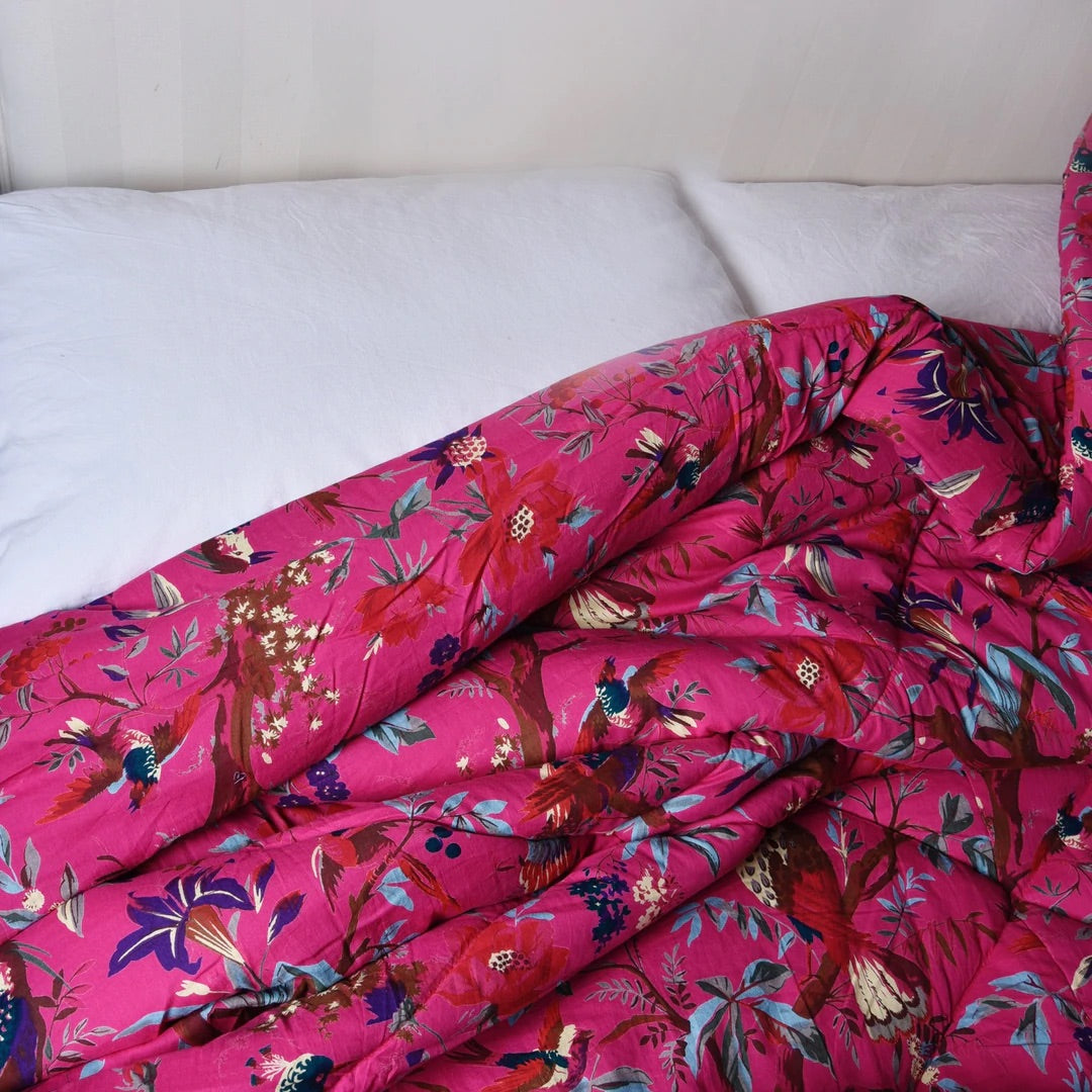 Indian printed Hot Pink Birds Double quilt