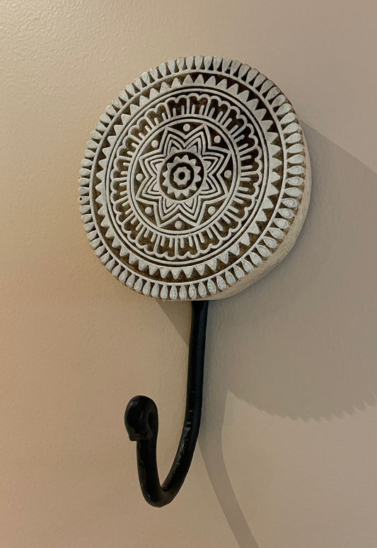 round indian wooden printing blocl hooks