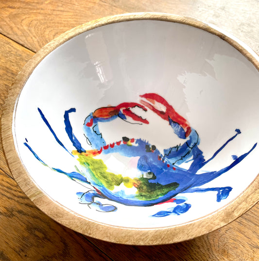 Blue Crab design mango wood bowl - 25 cm
