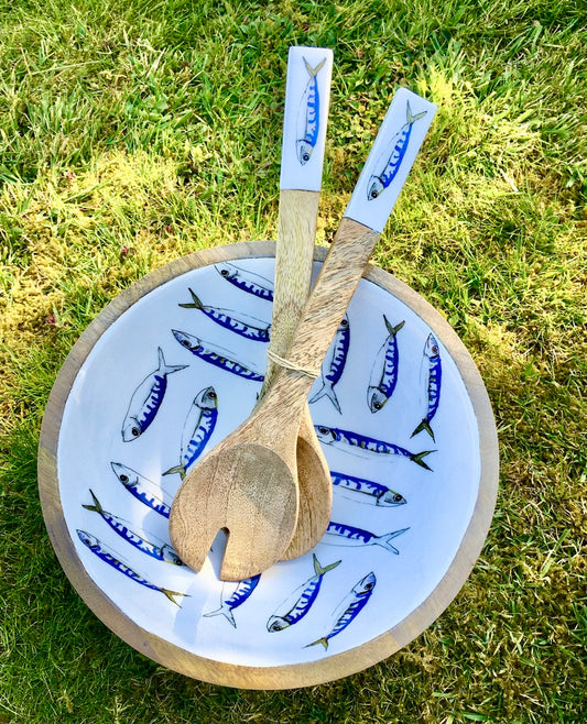 Mackerel design mango wood serving bowl