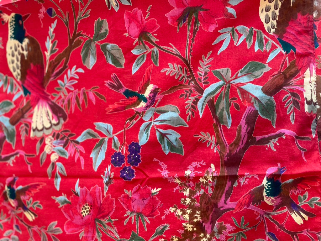 Red exotic bird ladies Indian printed cotton scarf 180x50cm