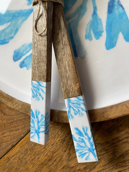 Seaweed design mango wood salad servers