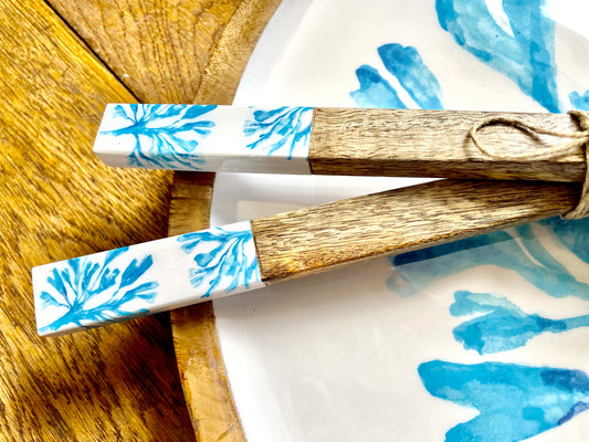 seaweed design mango wood salad servers