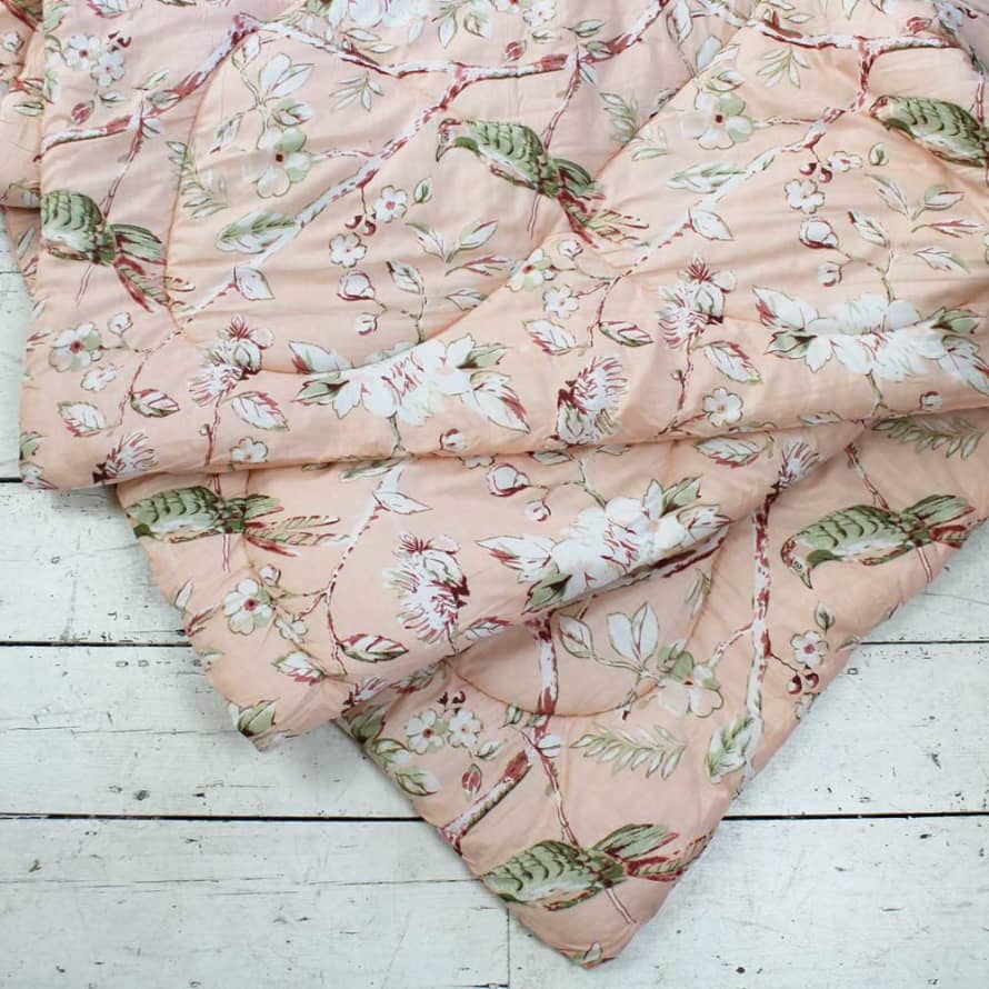 Indian printed peach blossom& birds floral double quilt