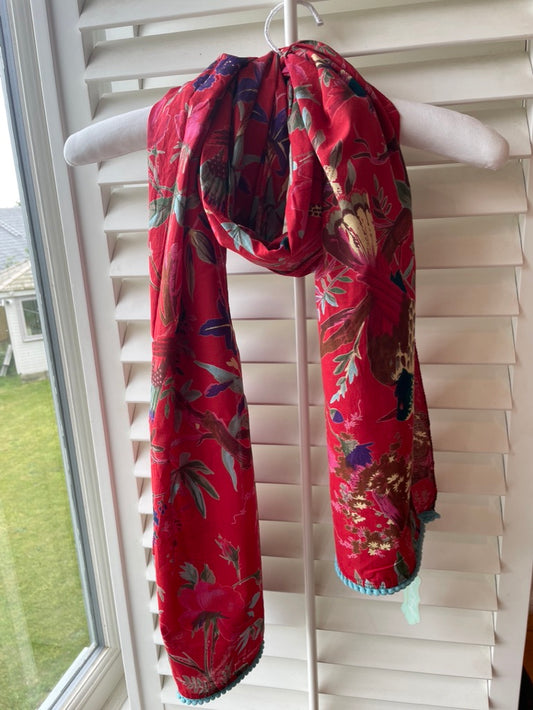 Red exotic bird ladies Indian printed cotton scarf 180x50cm