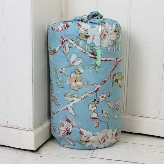 Indian printed soft blue floral birds double quilt