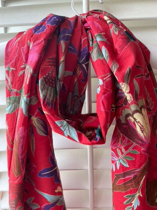 Red exotic bird ladies Indian printed cotton scarf 180x50cm