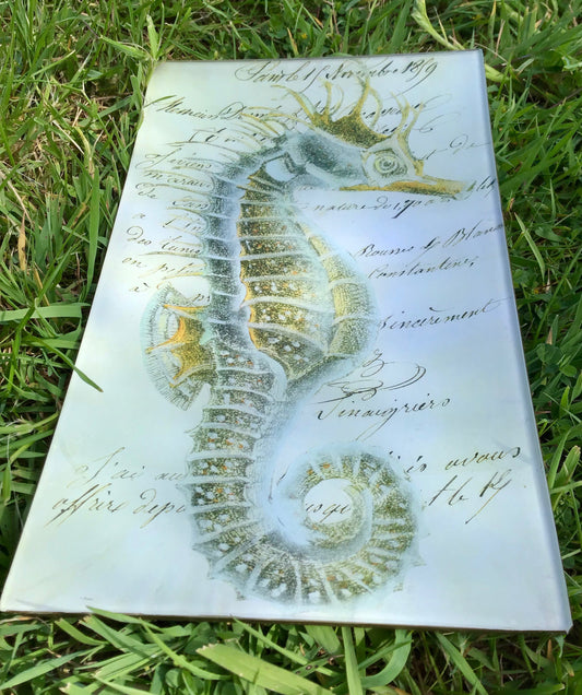 Vintage decoupage glass plate - Seahorse