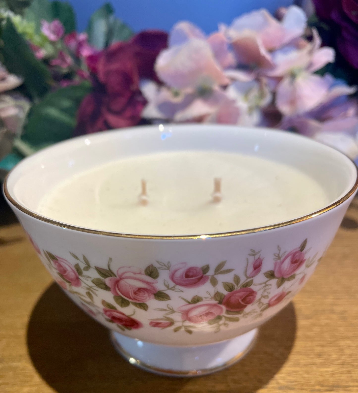 Tea Rose vintage china sugar bowl scented candle - 2 wick candle in Fig, Lime & Vetiver