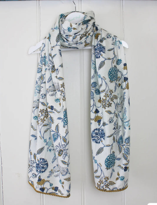 Blues and Okra ladies Indian printed cotton scarf 180x50cm