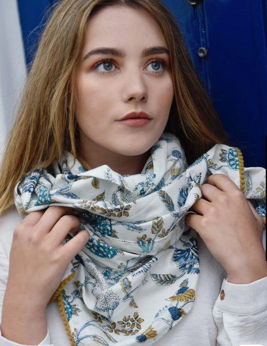 Blues and Okra ladies Indian printed cotton scarf 180x50cm