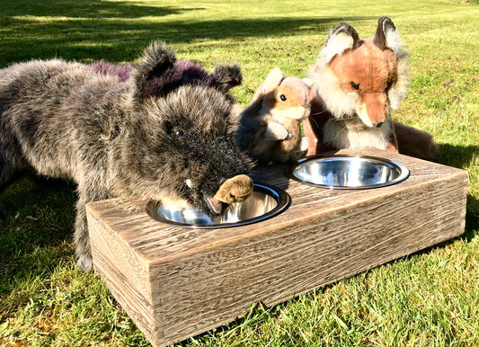 steel and wood dog bowl