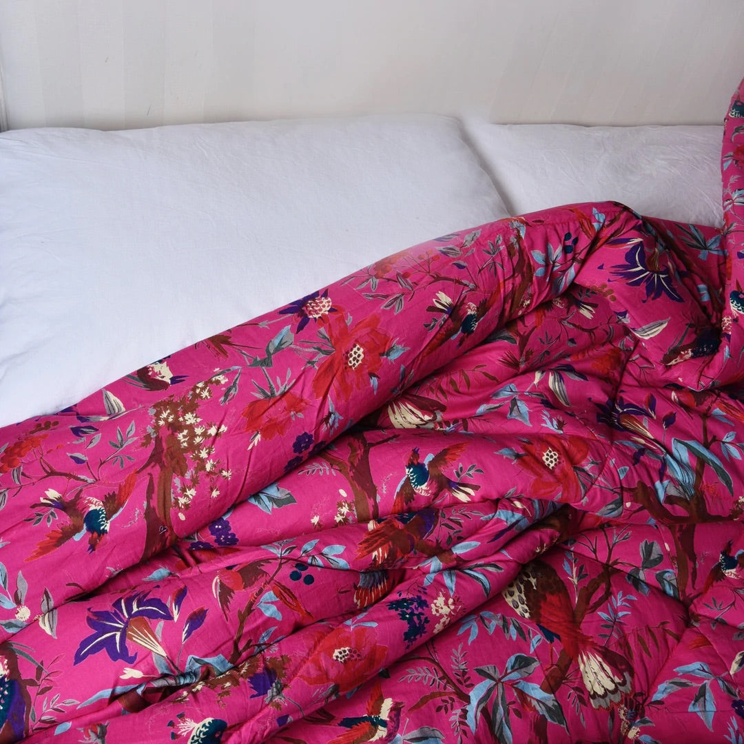 Indian printed  Hot Pink Birds Double quilt