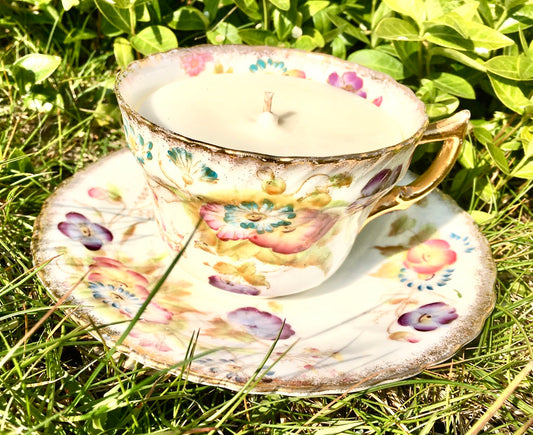 Gilded  floral bone china teacup & saucer - 1 wick candle  in  Lime, Basil & Mandarin