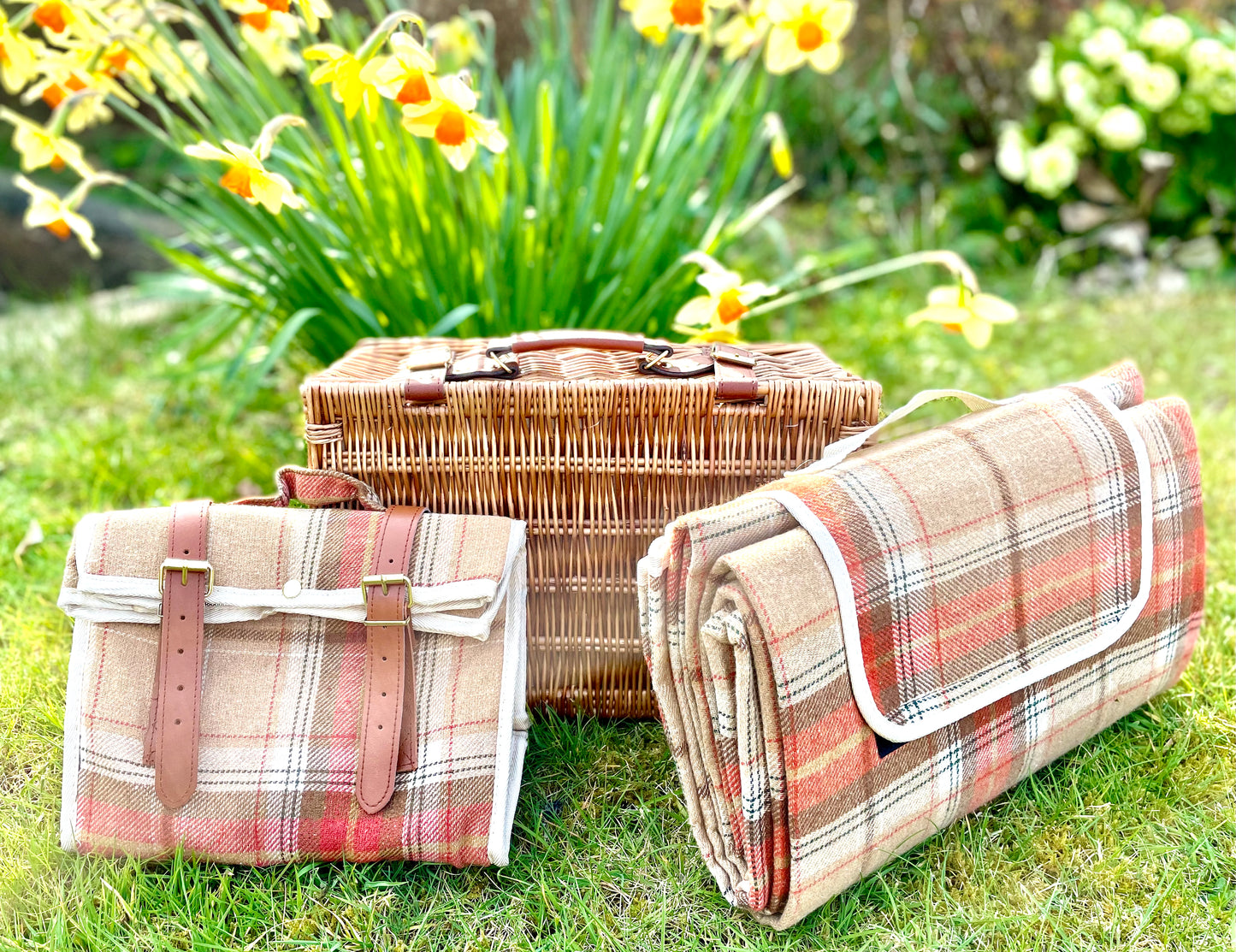 picnic basket with rug and cooler bag