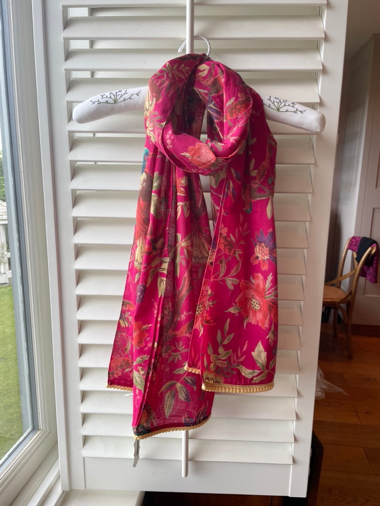 ladies pom pom trimmed hot pink cotton scarf