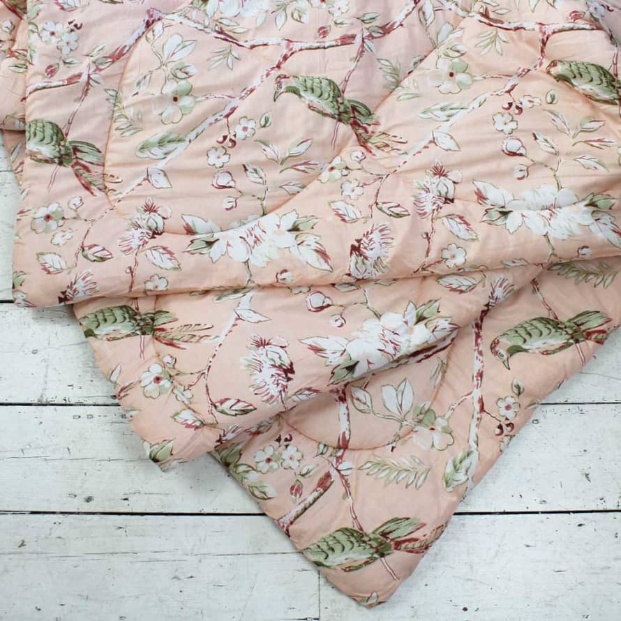 Indian printed peach  blossom& birds floral double quilt