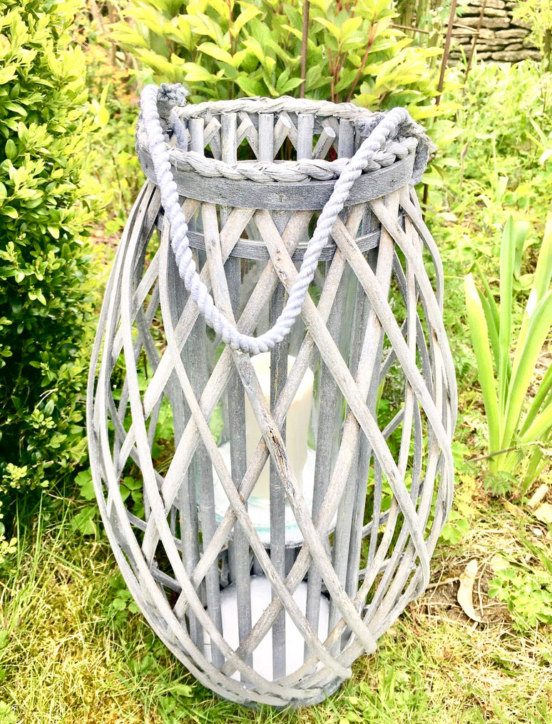 Extra large soft grey washed braided willow lantern with glass sleeve - indoors/outdoors