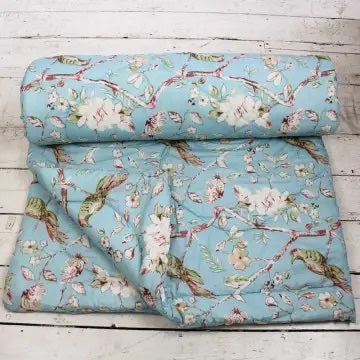 Indian printed  soft blue floral  birds double quilt