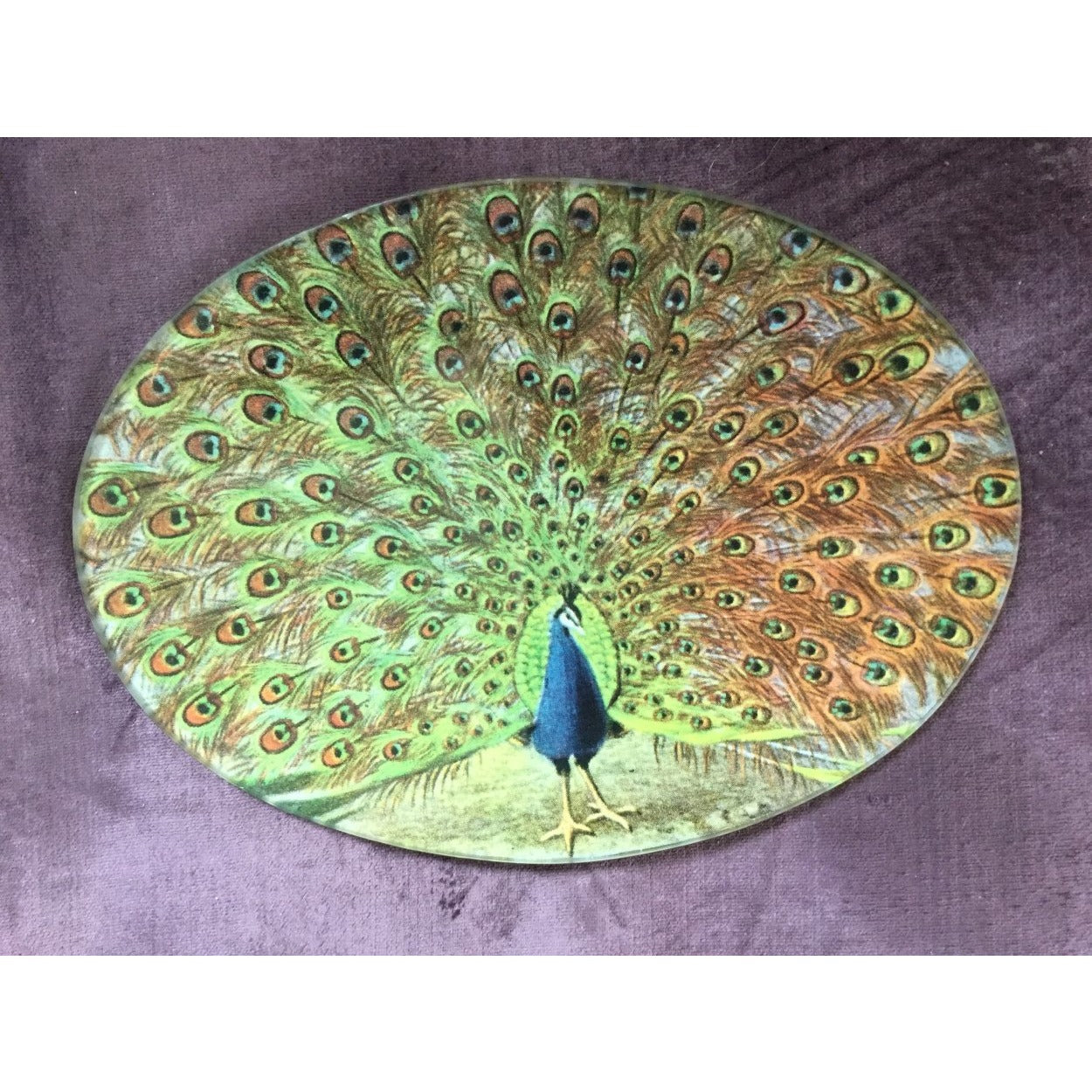 Vintage decoupage glass plate - "Fantastic Peacock"